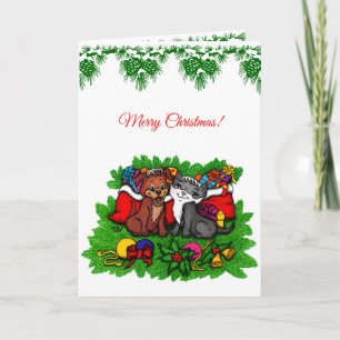 Kitty and Puppy , Happy XMas Holiday Card