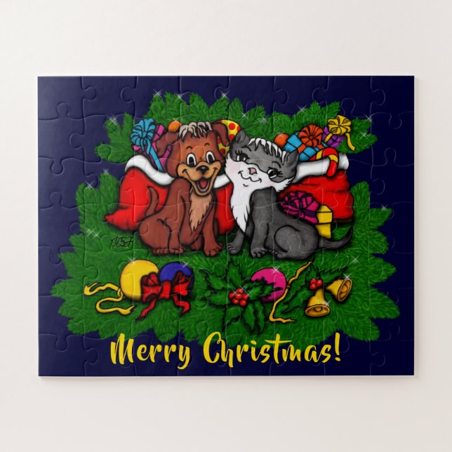 Kitty and Puppy , Happy XMas Jigsaw Puzzle (Horizontal)