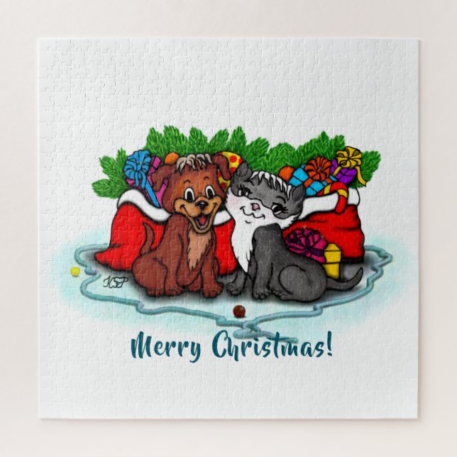Kitty and Puppy , Happy XMas Jigsaw Puzzle (Vertical)