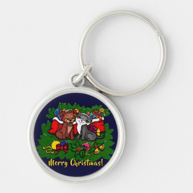 Kitty and Puppy , Happy XMas Keychain (Front)