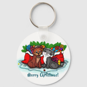 Kitty and Puppy , Happy XMas Keychain