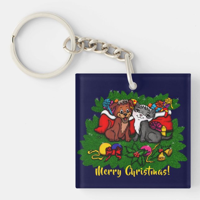 Kitty and Puppy , Happy XMas Keychain (Front)