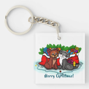 Kitty and Puppy , Happy XMas Keychain