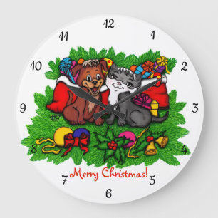 Kitty and Puppy , Happy XMas Large Clock
