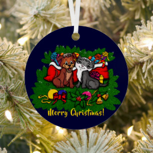 Kitty and Puppy , Happy XMas Metal Ornament