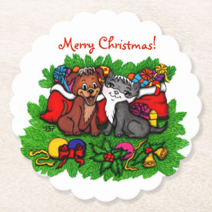 Kitty and Puppy , Happy XMas Paper Coaster