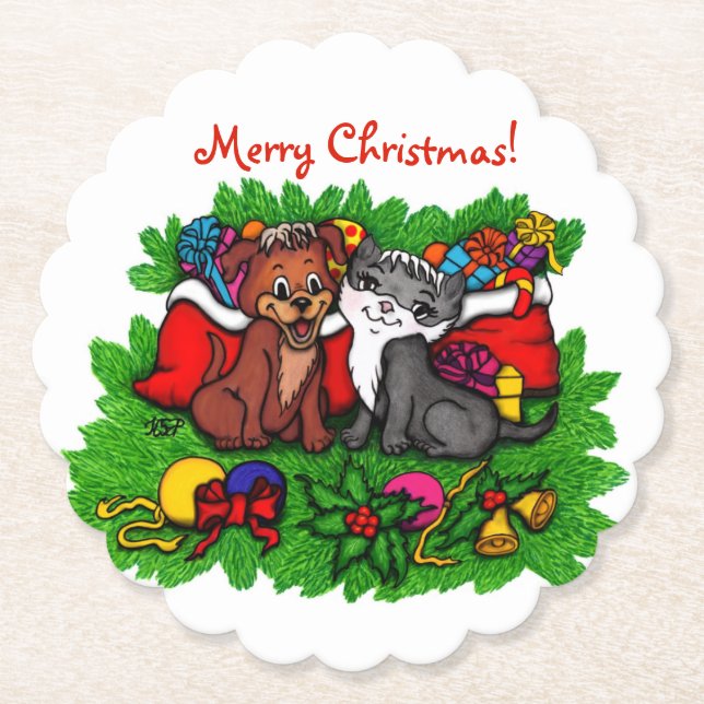 Kitty and Puppy , Happy XMas Paper Coaster (Front)