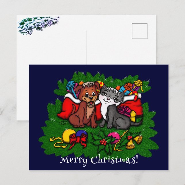 Kitty and Puppy , Happy XMas Postcard (Front/Back)