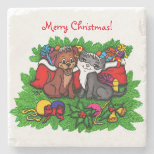 Kitty and Puppy , Happy XMas Stone Coaster