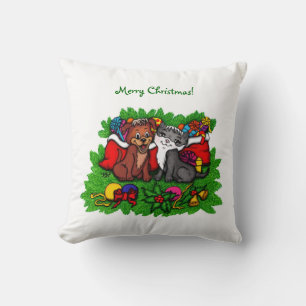 Kitty and Puppy , Happy XMas Throw Pillow
