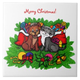 Kitty and Puppy , Happy XMas Tile