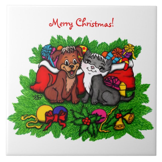Kitty and Puppy , Happy XMas Tile (Front)