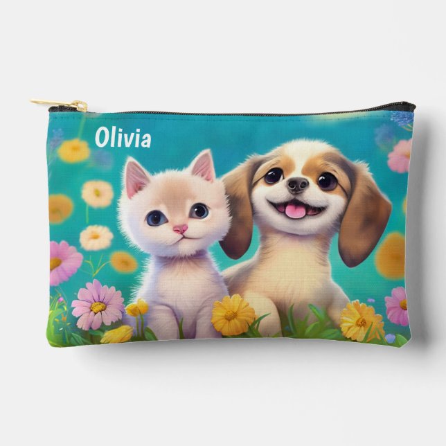 Kitty and Puppy Personalized Kids Name Accessory Pouch (Front)