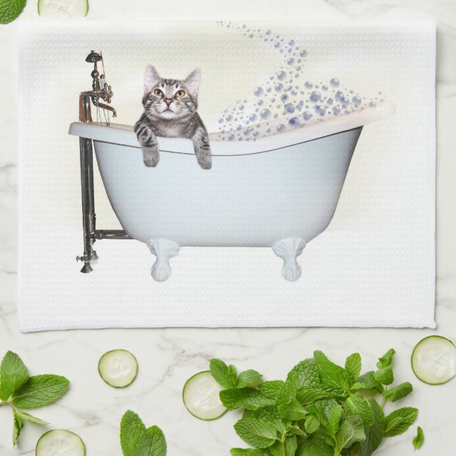 Kitty bath time kitchen towel (Folded)