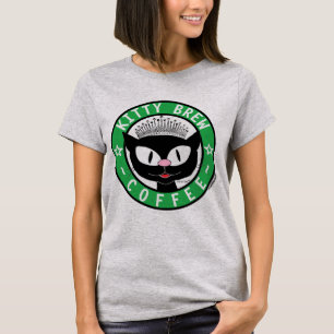 Kitty Brew Coffee Cute Black Cartoon Cat T-Shirt