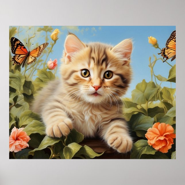 *~*  Kitty Cat 5:4  Kitten Butterfly Flowers AP68  Poster (Front)