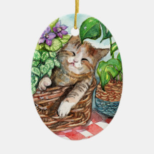 Kitty Cat and Flowers Ceramic Ornament