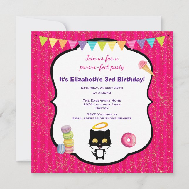 Kitty Cat And Ice Cream Birthday Party Invite (Front)