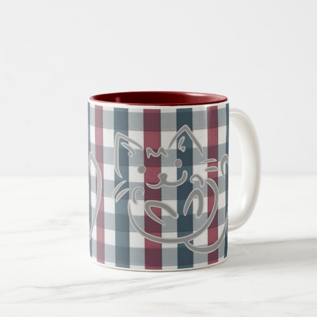 Kitty Cat and Plaid Two-Tone Coffee Mug (Front Right)