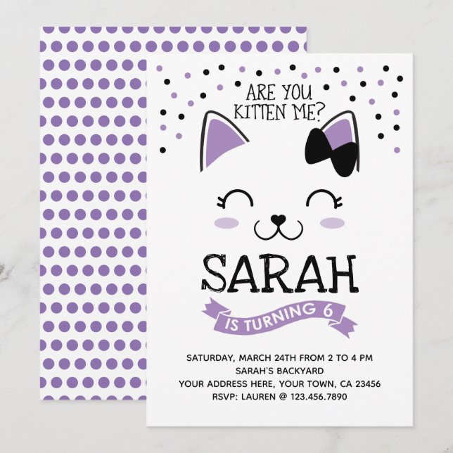 Kitty Cat Birthday Invitation, Purple & Black Invitation (Front/Back)