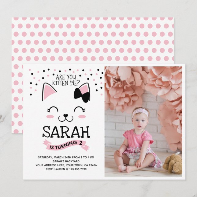 Kitty Cat Birthday Invitation with Photo (Front/Back)