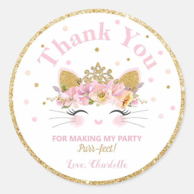 Kitty Cat Birthday Thank You Sticker Favours Label (Front)