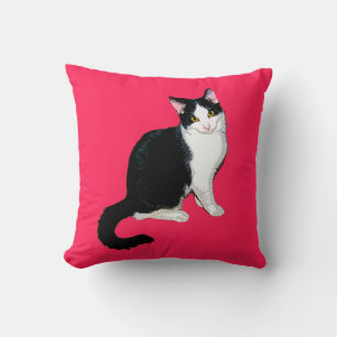 Kitty Cat, Black and White on Hot Pink Throw Pillow