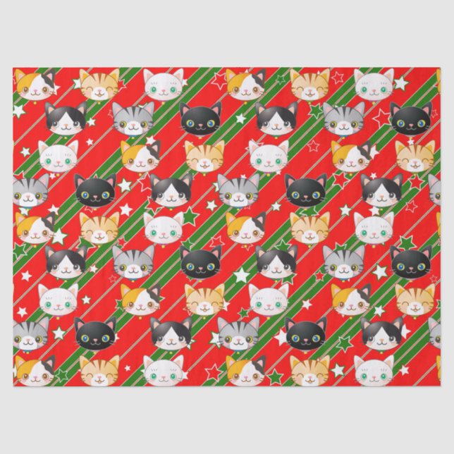 Kitty Cat Christmas Red & Green Cute Tissue Paper (Front)