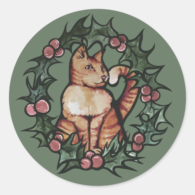 Kitty Cat Christmas Xmas Holidays Cats             Classic Round Sticker (Front)