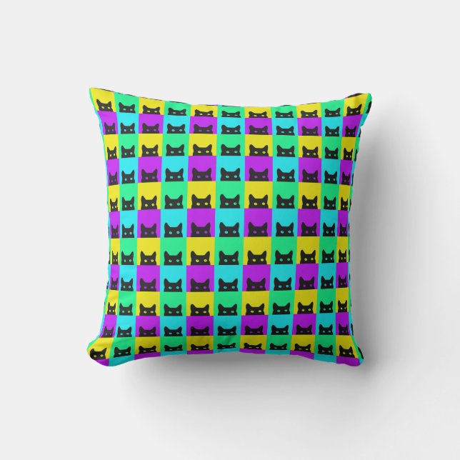 Kitty Cat Colourful Block Throw Pillow (Front)