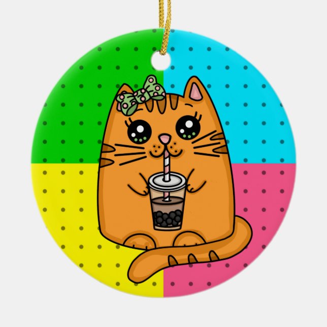 Kitty Cat Drinking Boba Tea Ceramic Ornament (Front)
