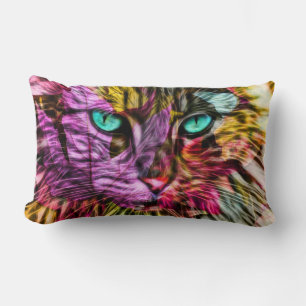 Kitty Cat Fall Leaves Colourful Artsy Design Lumbar Pillow