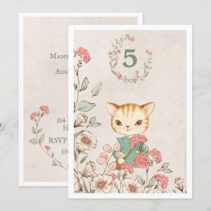 Kitty Cat Floral Girly Kitten 5-year-old Birthday Invitation