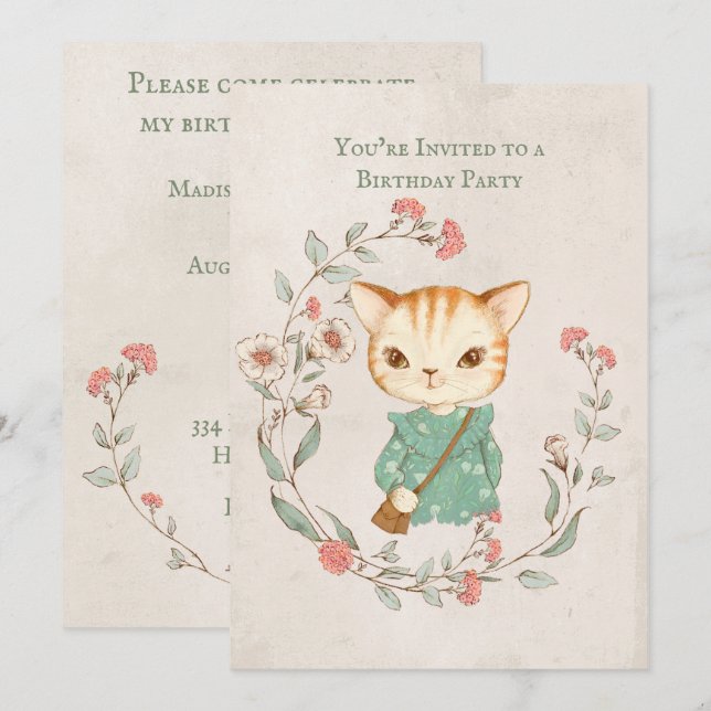 Kitty Cat Floral Girly Kitten Birthday Party Invitation (Front/Back)