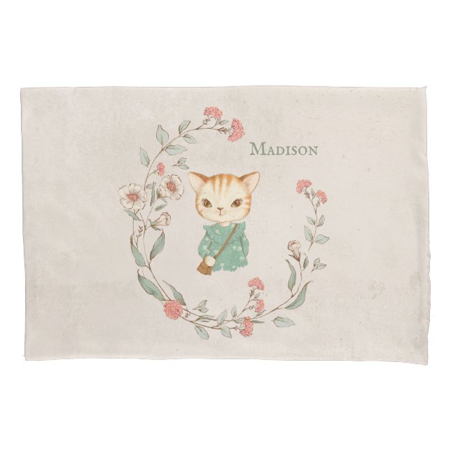 Kitty Cat Floral Personalized Name Girls Bedding Pillowcase (Front)