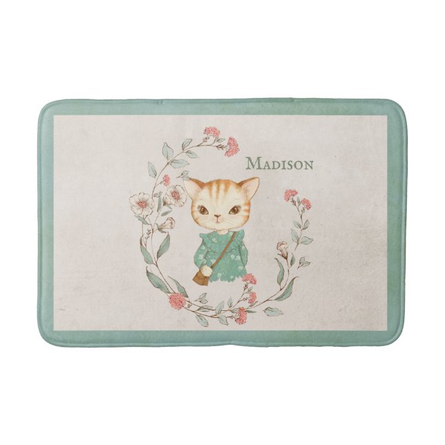 Kitty Cat Floral Personalized Name Girly Kitten Bath Mat (Front)