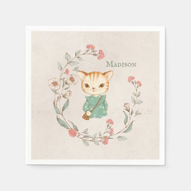 Kitty Cat Floral Personalized Name Girly Kitten Napkin (Front)