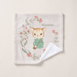 Kitty Cat Floral Personalized Name Girly Kitten Wash Cloth