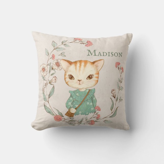 Kitty Cat Floral Personalized Name Girly Throw Pillow (Front)