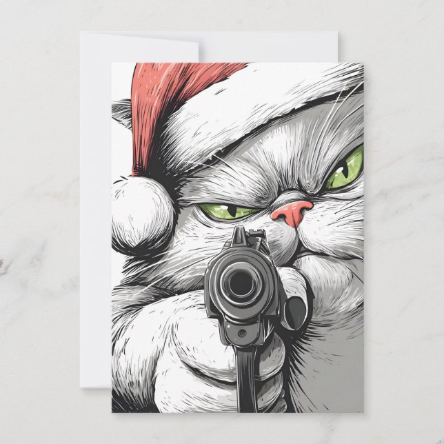 Kitty Cat has a Gun Funny Christmas Cards (Front)