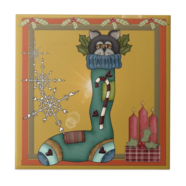 Kitty Cat in Stocking Picture Tile (Front)