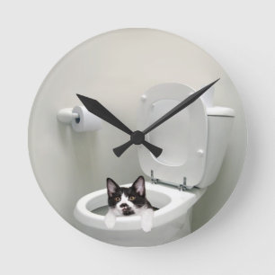 Kitty cat in toilet bowl round clock