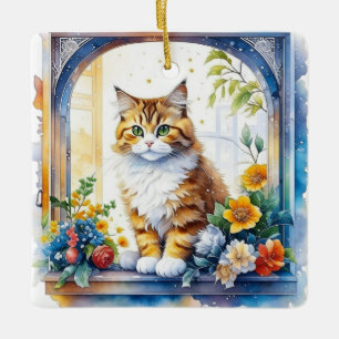 Kitty Cat in Window of Flowers Personalized Ceramic Ornament
