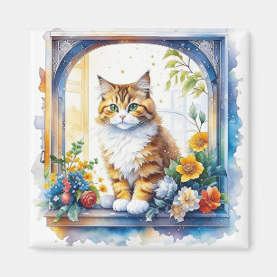 Kitty Cat in Window of Flowers Personalized Magnet