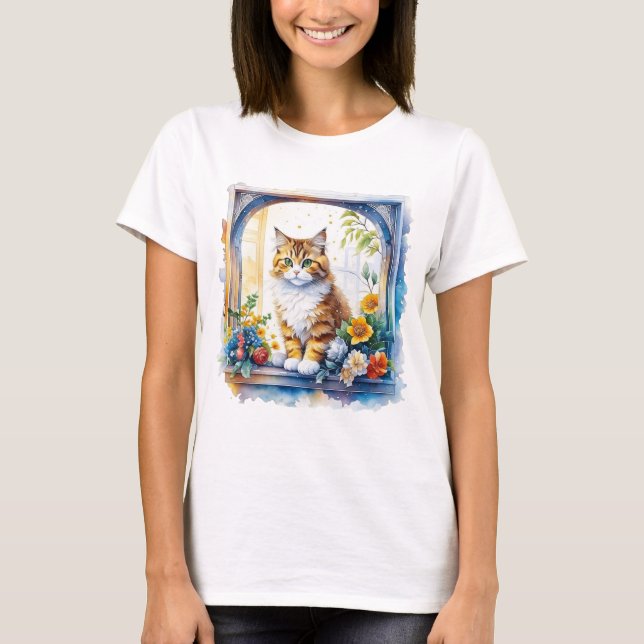 Kitty Cat in Window of Flowers   T-Shirt (Front)