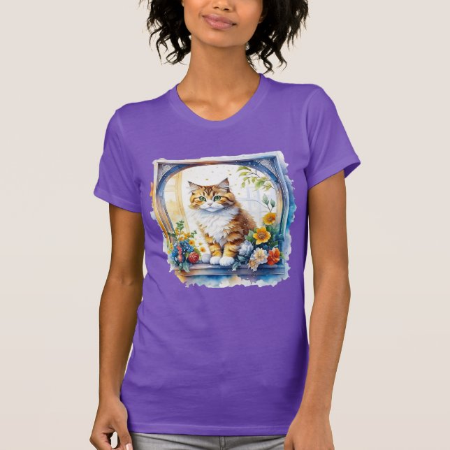 Kitty Cat in Window of Flowers   T-Shirt (Front)