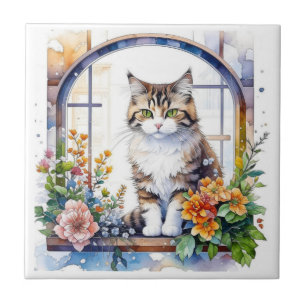 Kitty Cat in Window of Flowers   Tile