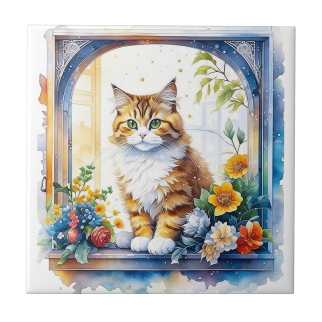 Kitty Cat in Window of Flowers   Tile (Front)
