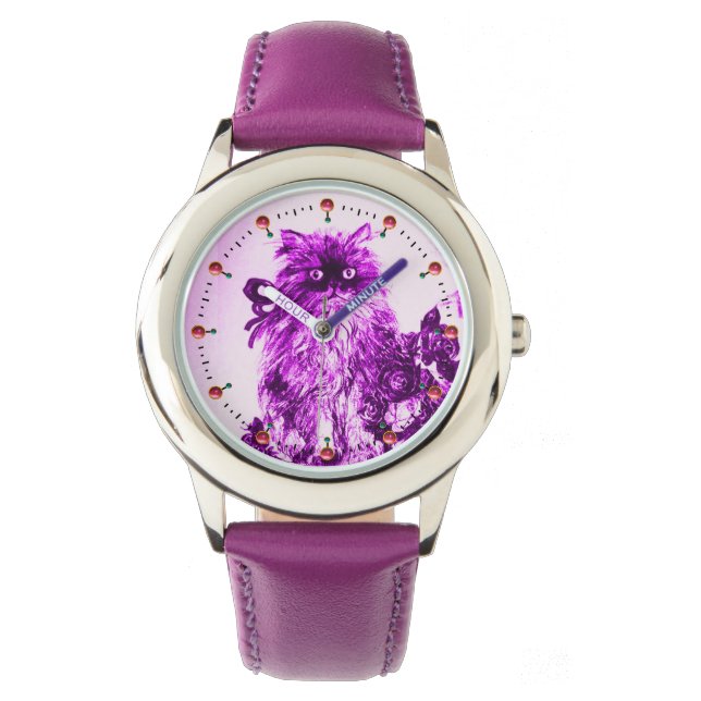 KITTY CAT / KITTEN WITH PURPLE ROSES White Watch (Front)