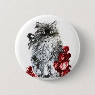 KITTY CAT,KITTEN WITH RED ROSES 2 INCH ROUND BUTTON